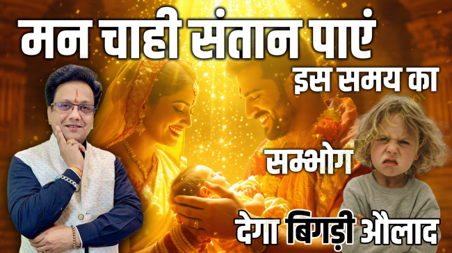 Promotional-style illustration showing a peaceful Hindu couple seated before a sacred fire ritual (havan), with a priest chanting Vedic mantras, symbolizing a traditional Vedic remedy for conceiving a child of the desired gender.