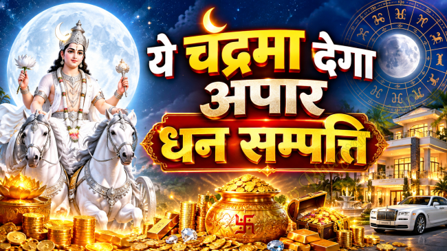 कर्क लग्न में प्रथम भाव का चंद्रमा, चंद्रमा का माता, धन, स्वास्थ्य, विवाह, मानसिक शांति और भाग्य पर ज्योतिषीय प्रभाव दर्शाता हुआ पोस्टर