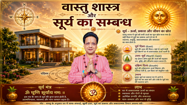 A symbolic diagram showing the Sun's path across a house plot, illustrating the change in energy frequencies from East to West as explained by Astrologer Bhagyaraj Gupt.