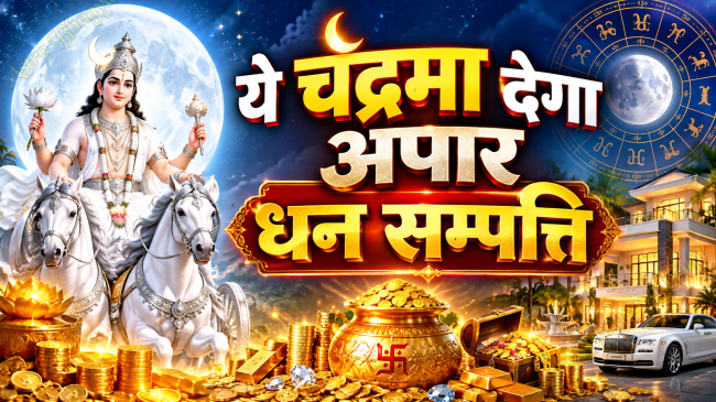 कर्क लग्न में प्रथम भाव का चंद्रमा, चंद्रमा का माता, धन, स्वास्थ्य, विवाह, मानसिक शांति और भाग्य पर ज्योतिषीय प्रभाव दर्शाता हुआ पोस्टर